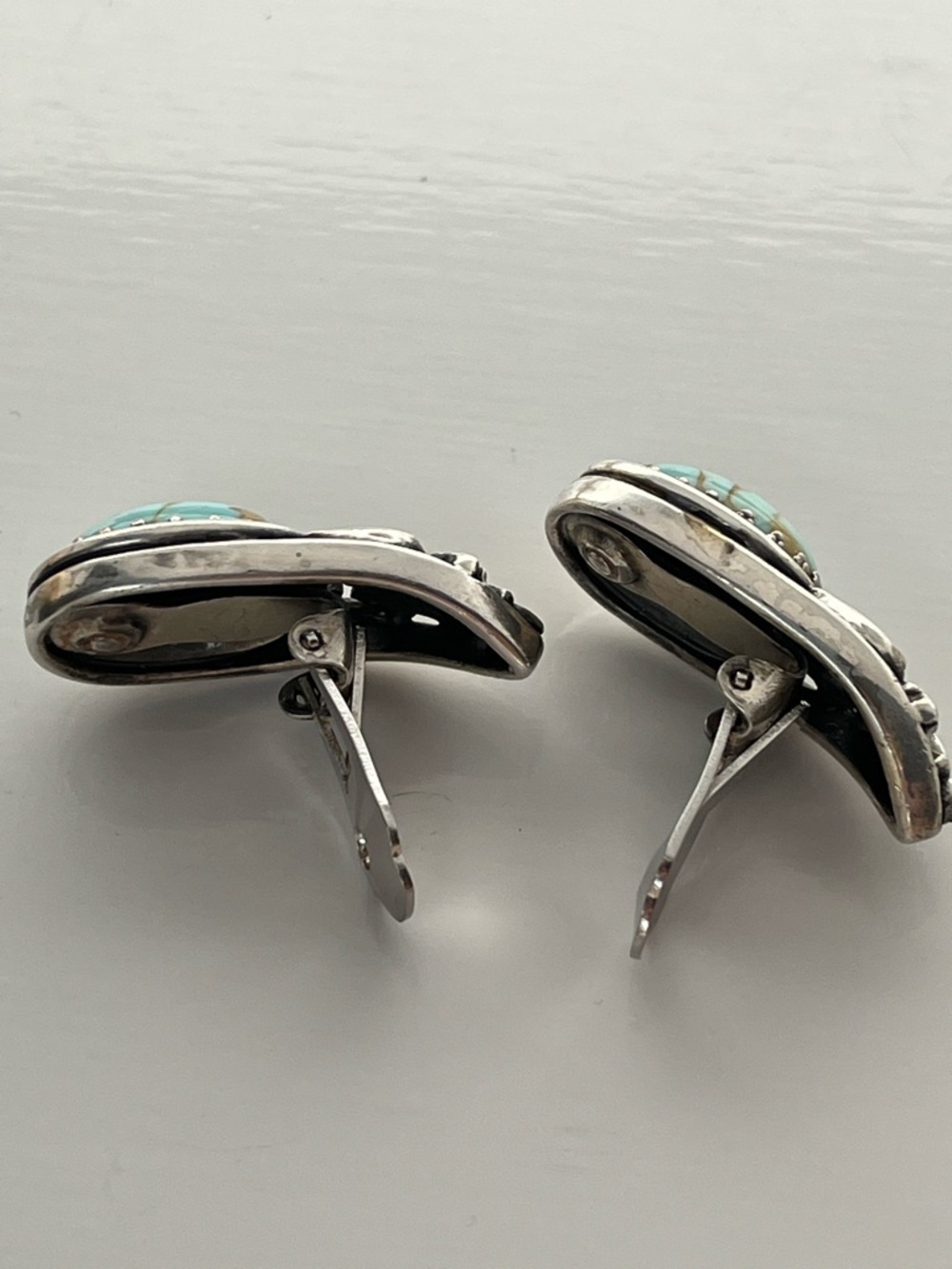 Vintage Napier Turquoise Clip Earrings Silver Tone Southwestern Statement - Picture 5 of 12